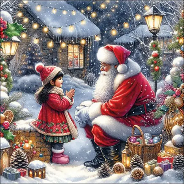 20 Servietten – Santa spricht mit Mädchen im Schnee