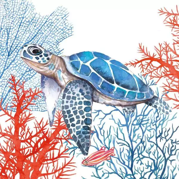 20 Servietten Schildkröte im Ozean gemalt mit bunten Algen als Tischdeko 33cm