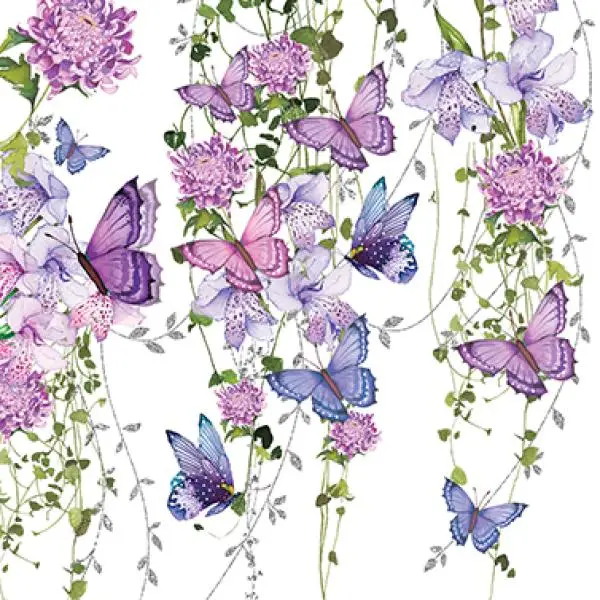 20 Servietten Schmetterlinge an bunten Blumenranken in blau als Tischdeko 33cm