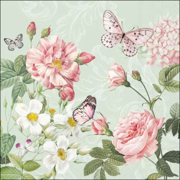 20 Servietten Schmetterlinge, Rosen und Blumen auf dezentem Hintergrund 33cm