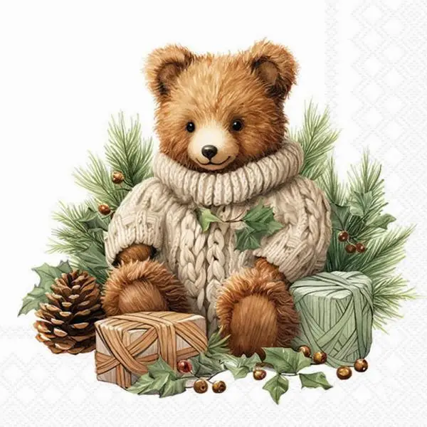 20 Servietten Teddybär mit Geschenken wartet auf Weihnachten