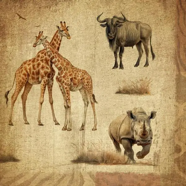 20 Servietten Tiere aus Afrika, Giraffen, Gnu, Nashorn, Löwe und Elefant in der Savanne