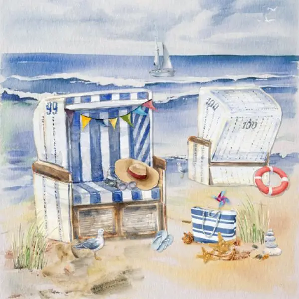 20 Servietten Urlaub am Meer – Strandkorb, Möwe & Segelschiff – 33x33cm