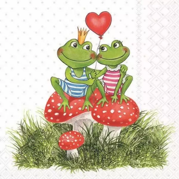 20 napkins of frogs in love on mushrooms in the meadow as table decoration for a child's birthday party 33cm