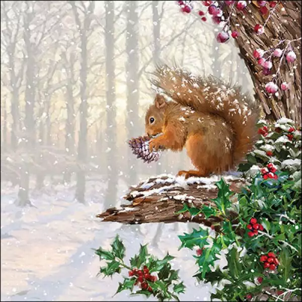 20 Servietten Weihnachten, Eichhörnchen im Winterbaum mit Stechpalme als Tischdeko 33cm