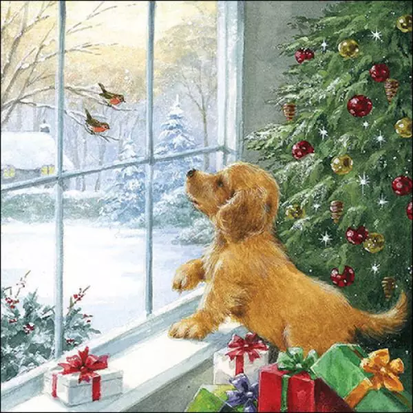 20 Christmas napkins, dog watching birds at the window as a table decoration 33cm