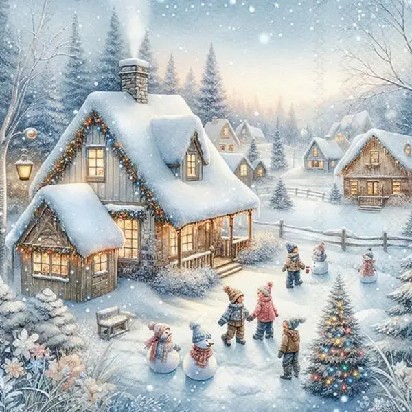 20 Servietten – Weihnachten im verschneiten Dorf mit Kindern am Schneemann