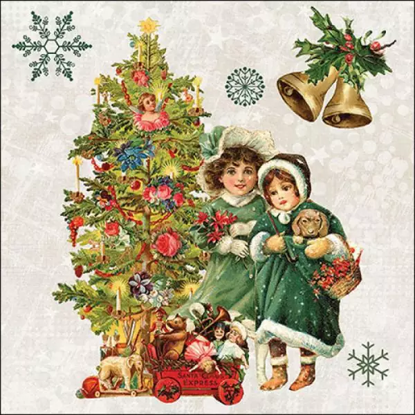 20 Servietten Weihnachten, Nostalgische Kinder am alten Weihnachtsbaum mit Kerzen als Tischdeko 33cm