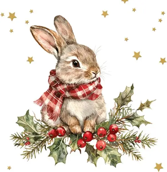 Servietten 20 Stück – Süßer Hase mit Schal & Stechpalme, goldene Sterne, Weihnachten