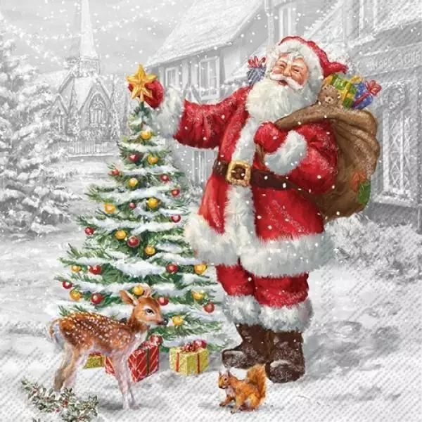 20 Servietten Weihnachten, Weihnachtsmann Santa freut sich am Weihnachtsbaum mit Reh und Eichhörnchen als Tischdeko 33cm