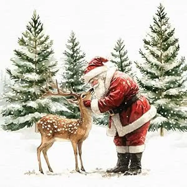Servietten Weihnachten 20 Stück – Weihnachtsmann streichelt Reh im Wald Servietten Weihnachten 20 Stück – Weihnachtsmann streichelt Reh im Wald