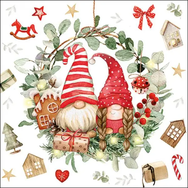 20 Servietten – Wichtel im Kranz mit Geschenken und Zuckerstangen