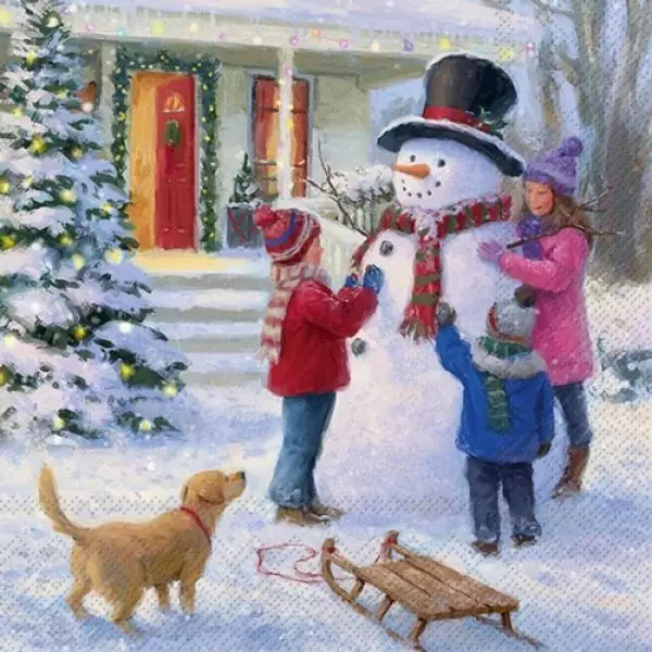 20 Servietten Winter, Kinder bauen mit Spaß einen Schneemann am Haus als Tischdeko 33cm