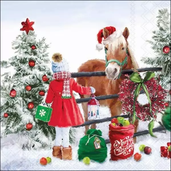 20 Napkins Winter Girl with Gifts for Christmas with her Horse 33cm as Table Decoration