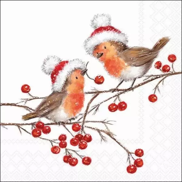 20 napkins winter robin with Santa hat eating berries as table decoration 33cm