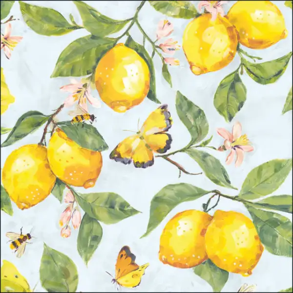 20 Servietten Zitronen am Baum & bunte Schmetterlinge | Sommerliche Tischdeko