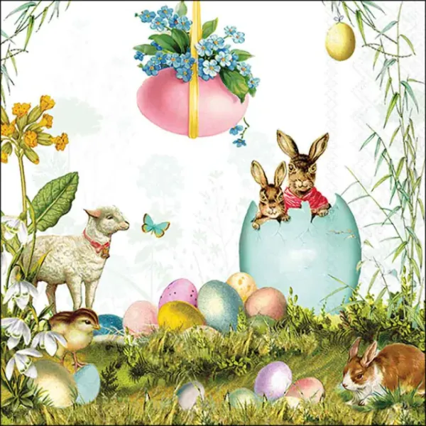 20er Pack Premium Papierservietten „Nostalgische Ostern“ – 33x33cm – Motivservietten mit Hasen, Lamm & bunten Eiern für die Ostertafel
