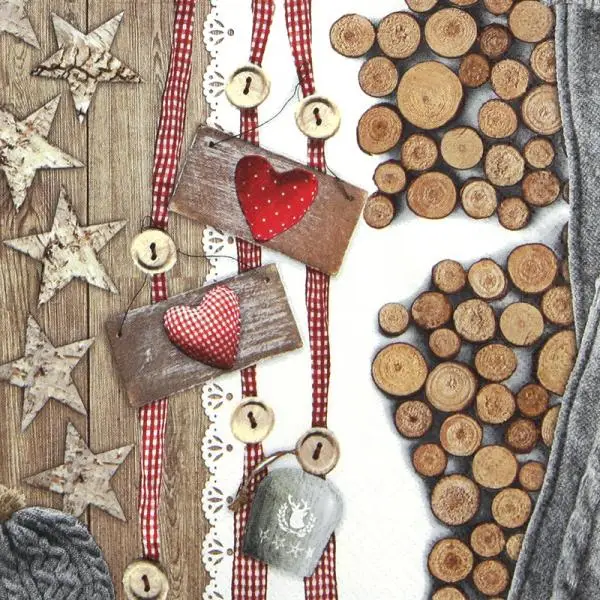 20 napkins hearts love and bell in winter with wood 33cm