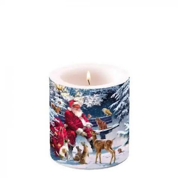 Kerze rund Tiere versammeln sich um Santa | Winter | Weihnachten Ø 7,5cm