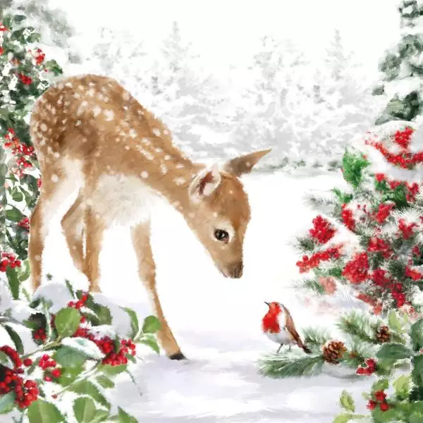 20 Servietten Bambi Reh mit Vogel im Winterwald als Tischdeko 33cm