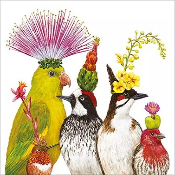 20 Servietten Blumen Vögel mit exotischem Kopfschmuck lustig Tiere 33cm als Tischdeko