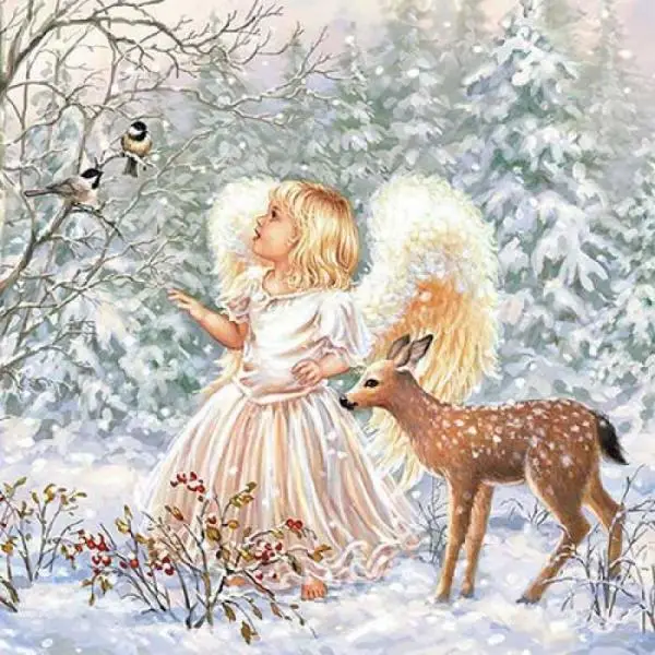 20 Servietten Christkind im Wald als Engel mit Reh und Vögeln zu Weihnachten 33cm