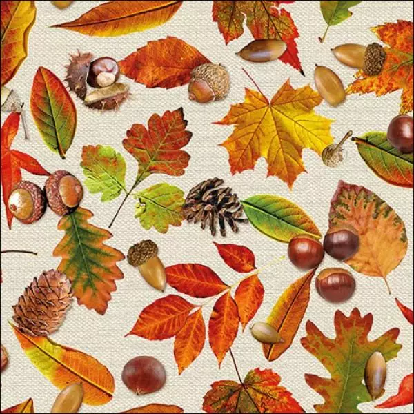 20 Servietten Herbst bunte Blätter mit Eicheln und Kastanien, Ahorn Eiche 33cm