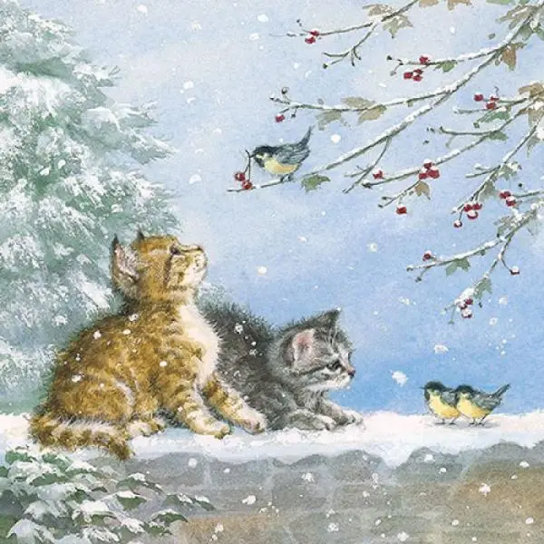 20 Servietten Katzen und Vögel im Winter als Tischdeko 33cm