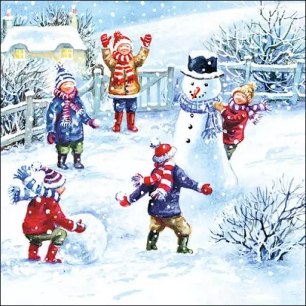 20 Servietten Kinder haben Spaß im Schnee Schneemann Winter Weihnachten Tischdeko 33cm