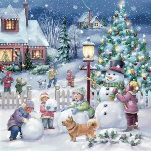 20 napkins Children play in a winter landscape in the snow with a snowman 33cm