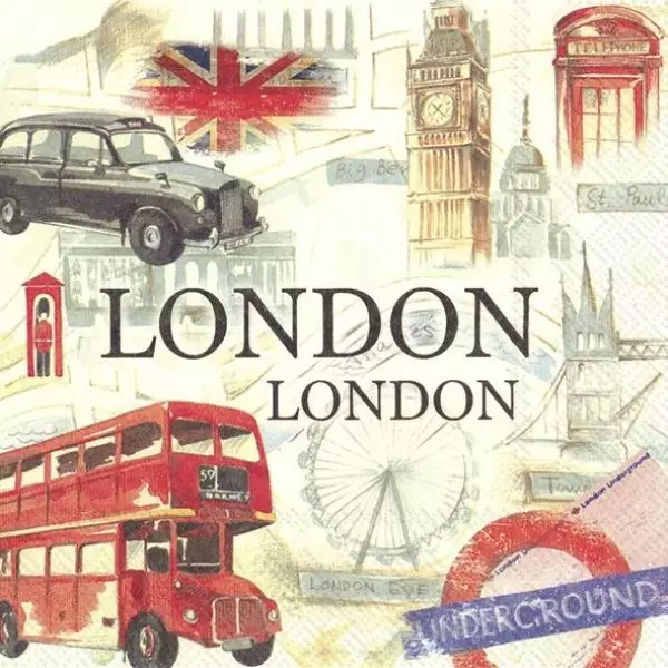 20 napkins London Sightseeing with Big Ben, red bus, phone box, Buckingham Palace and Union Jack 33cm