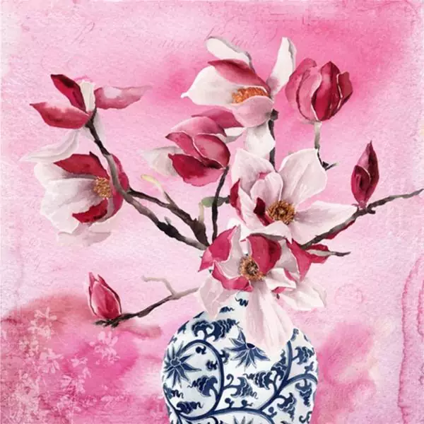 20 napkins magnolias red white in a vase painted vintage as a table decoration 33cm