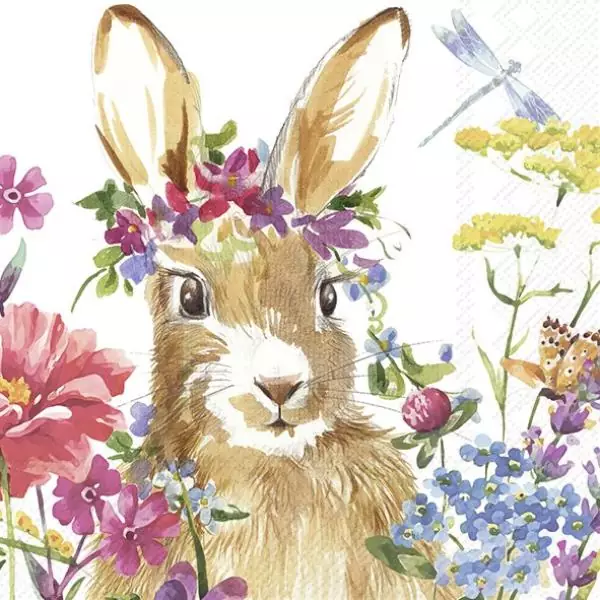 20 napkins Easter bunny with floral decorations in a vintage flower field as a table decoration 33cm