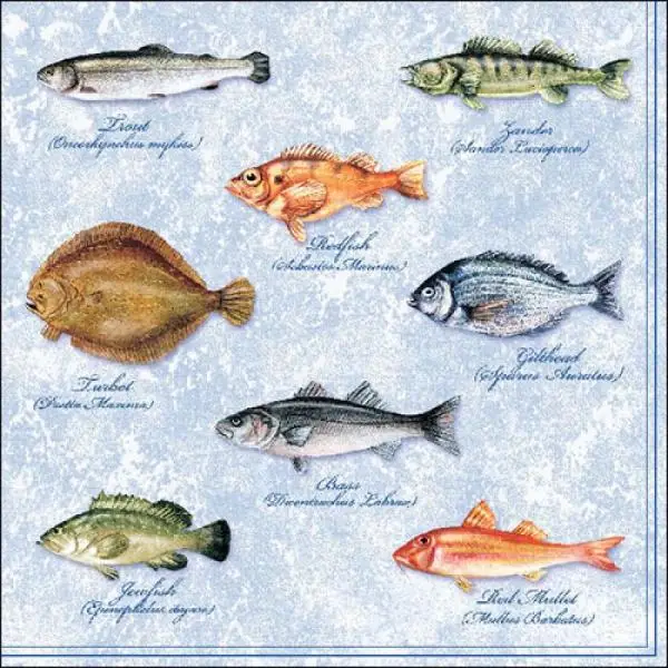 20 Servietten Seafood Fishes Fische Blau Weiß 33cm