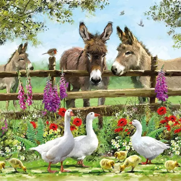 20 napkins farm animals on the fence, donkey, goose and bird as table decoration 33cm
