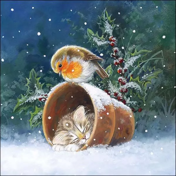 20 Servietten Vogel und Katze in der Winternacht / Tiere / Winter / Weihnachten / Tischdeko 33cm
