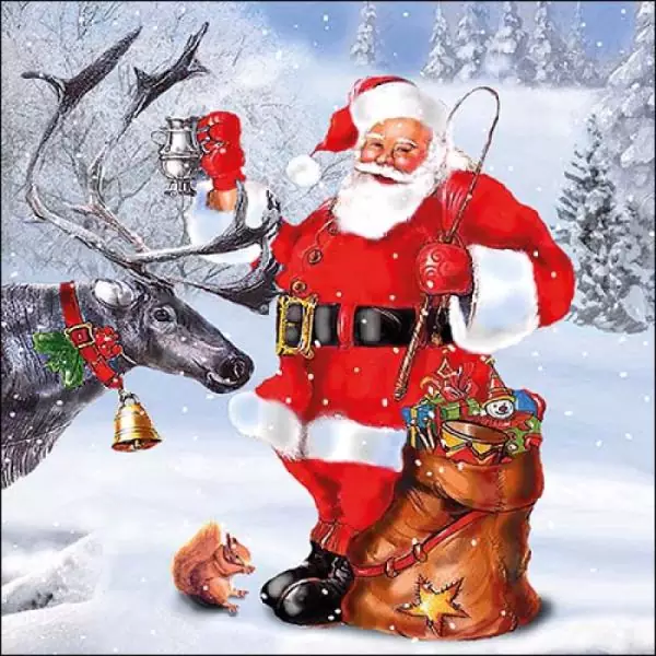 20 Servietten Weihnachtsmann mit Geschenken und Rentier im Winterwald 33cm