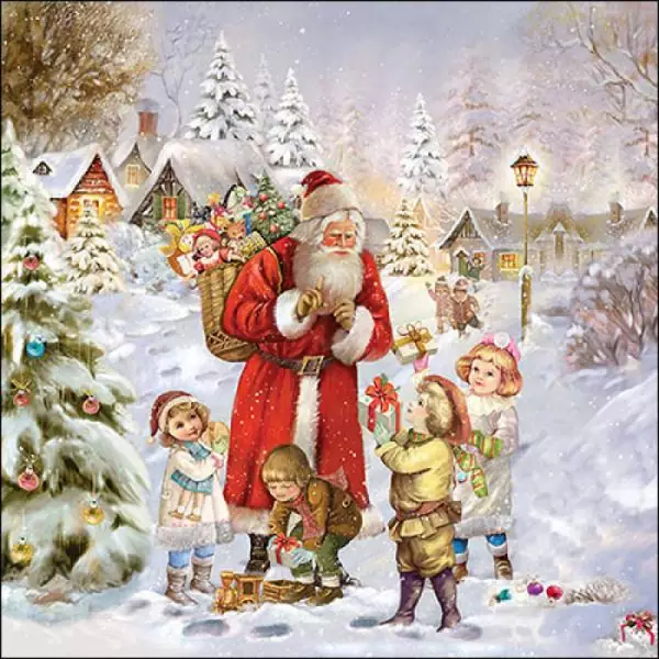 20 Servietten Weihnachtsmann mit Kindern Vintage alte Zeit als Tischdeko 33cm