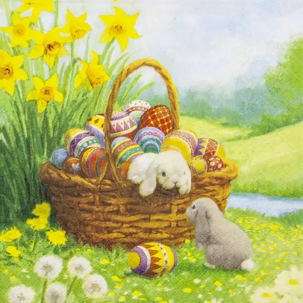20 napkins colorful Easter eggs with daffodils for Easter with funny rabbits 33cm as table decoration