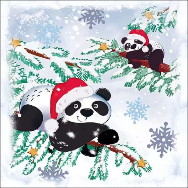 20 Servietten lustige Pandas im Winterwald an Weihnachten 33cm
