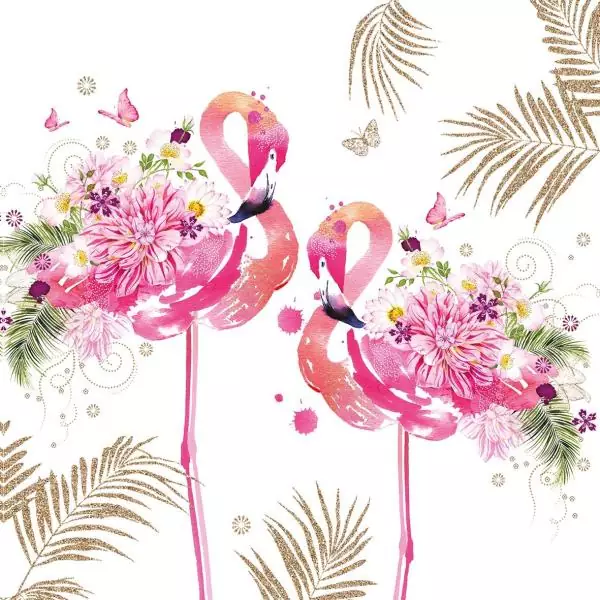 20 Servietten verliebte rosa Flamingos mit großen Blumen im Gefieder 33cm als Tischdeko