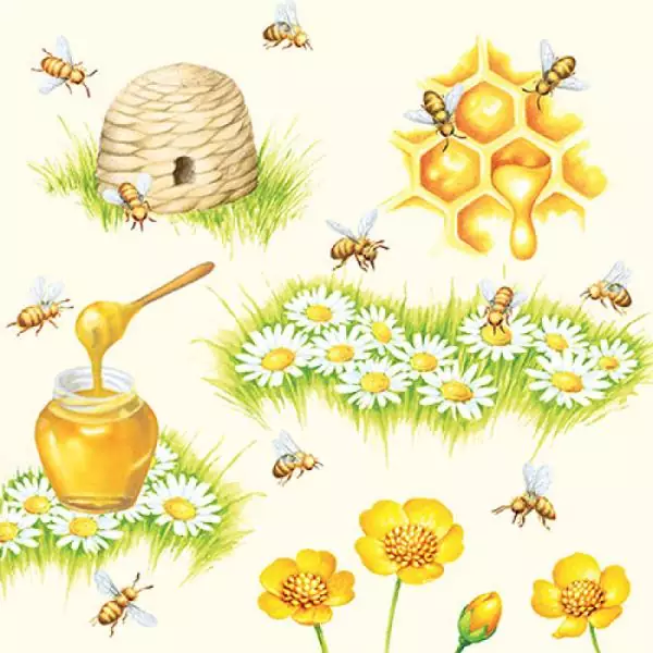 20 Servietten Bienen am Honig im Glas mit Bienenstock und Waben und Blumen als Tischdeko 33cm