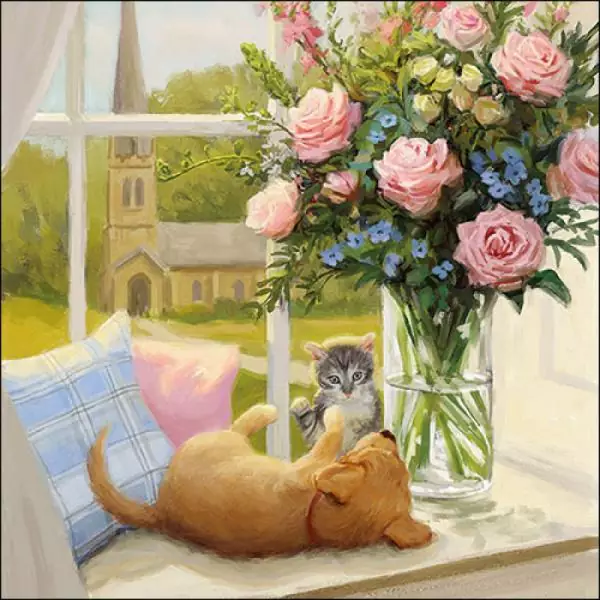 20 Servietten Katze und Hund am Fenster in der Sonne mit Rosenstrauss 33cm als Tischdeko