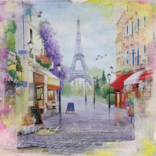20 Servietten Paris mit Eiffelturm und romantische Strasse mit Blumen 33cm als Tischdeko