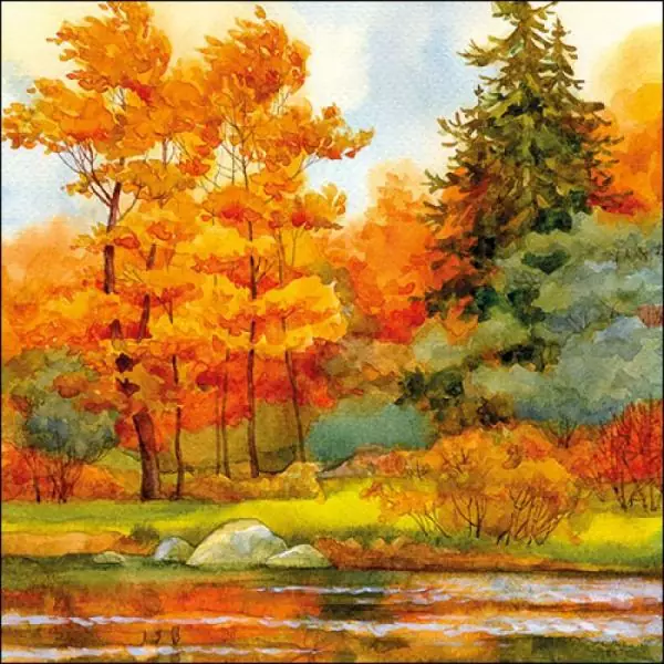 20 napkins painted autumn landscape at the lake, nature as a table decoration 33cm