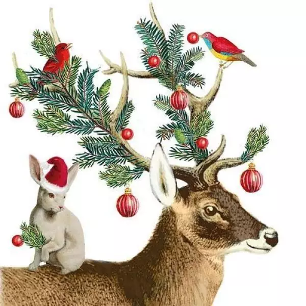 20 Servietten Hirsch mit geschmücktem Geweih zu Weihnachten im Winter als Tischdeko 33cm