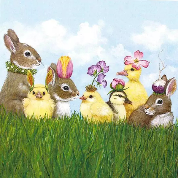 20 napkins Easter rabbits chicks and ducks colorfully decorated on the meadow 33cm