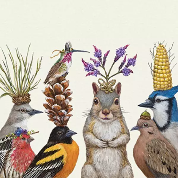 20 Servietten Party Snacks lustige Tiere mit Kopfschmuck Vögel Mais 33cm