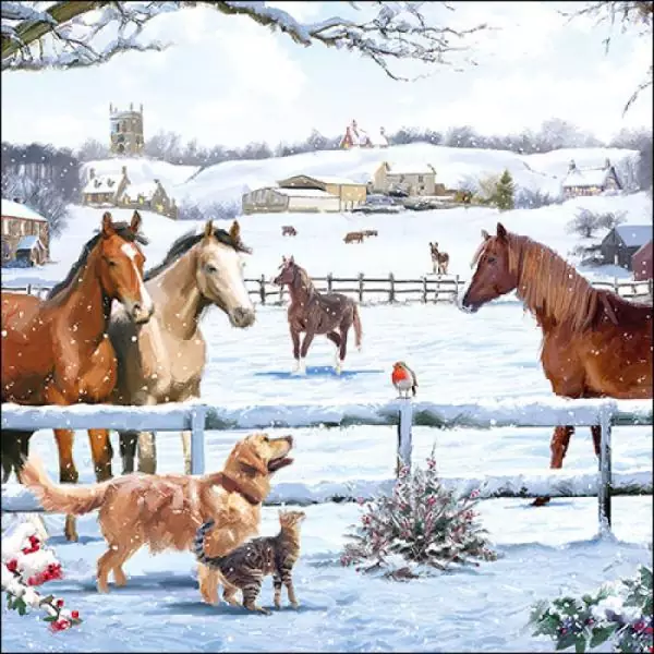 20 Servietten Pferde, Hund und Vogel im Winter auf der Koppel als Tischdeko 33cm