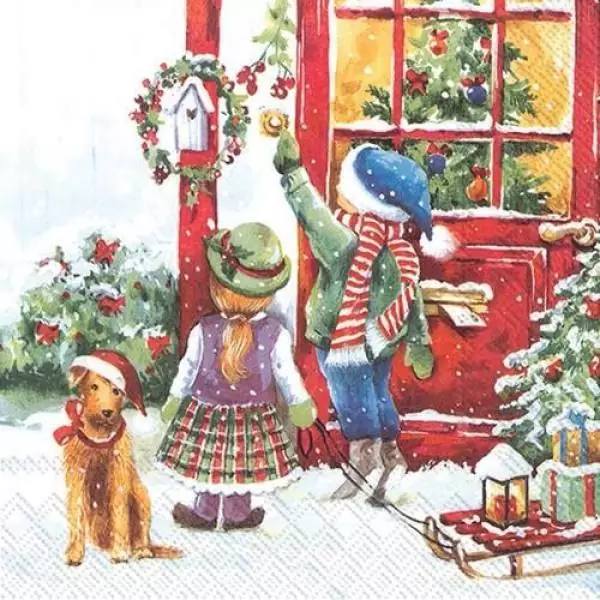 20 Servietten RETRO Weihnachten Kinder mit Schlitten und Geschenken im Winter als Tischdeko 33cm